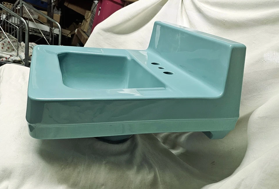 Grúa fregadero de pared de baño Norwich lavabo azul aguamarina verde 1959 China vítrea de colección Foto 3 de 4