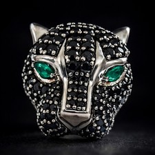 Effy Pantherkopf Ring 925 schwarz Saphir Smaragd Statement Ring Gr. 10 fett