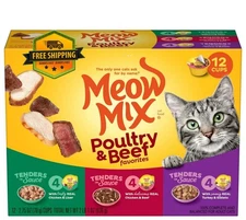Meow Mix Tenders Wet Cat Food Variety Pack, Poultry & Beef, 12 Cups (2.75 oz)