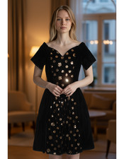 Vintage 80's GUNNE SAX Black Velvet Gold Sequins Party Dress Size Small Poofy