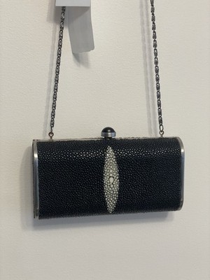 Vintage Franchi Stingray Leather Purse Clutch Black Shoulder Hard Shell $295 New