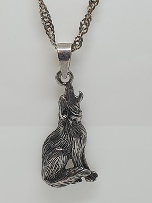 Halskette 925 Silber heulender Wolf / Hund Anhänger und hübsche Silberkette
