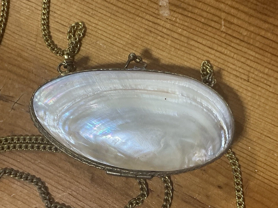 De Colección Madreperla Concha Marina Almeja Monedero Estuche Tono Dorado Bolso sin asas Joyería Foto 4 de 4