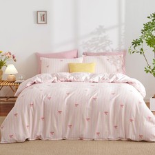 Kids Girls Pink Duvet Cover Queen, 3 Piece Rainbow Striped Bedding Set, Cute