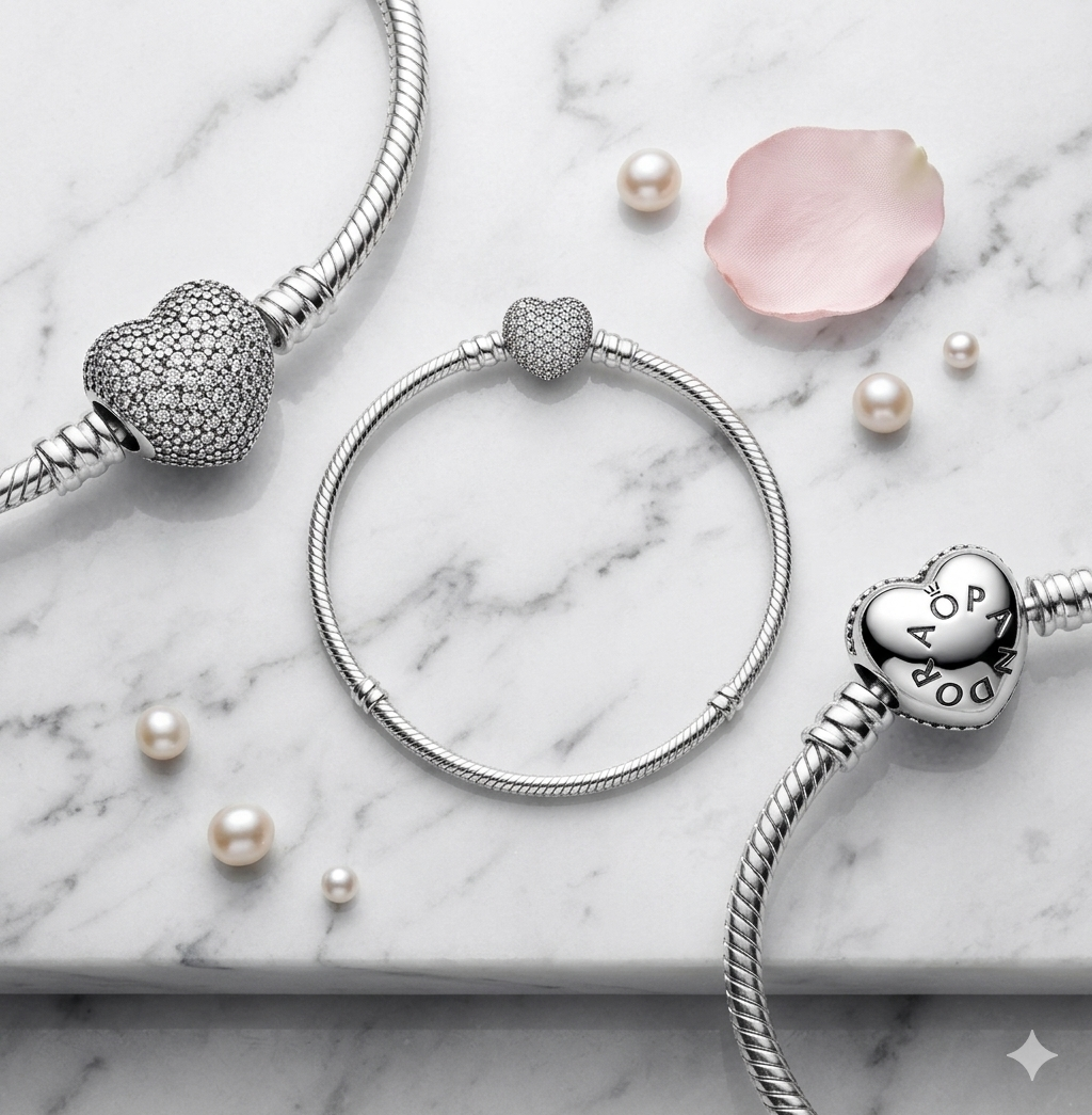 PANDORA バングル ストーン付き Authentic PANDORA Bracelet Moments Sparkling PAVE HEART & Snake