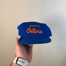 Vintage AJD Edmonton Oilers Snapback Hat Blue Orange Script Made in USA NHL Cap