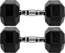 Rubber Encased Hex Dumbbell   25LB   25LB Pair   Black
