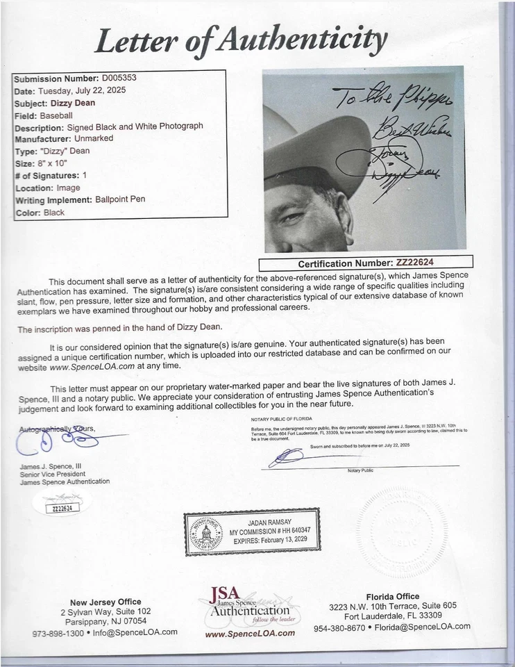 Dizzy Dean Autographed 8x10 Photo St Louis Cardinals Baseball HOFer JSA Letter - Image 2 of 2