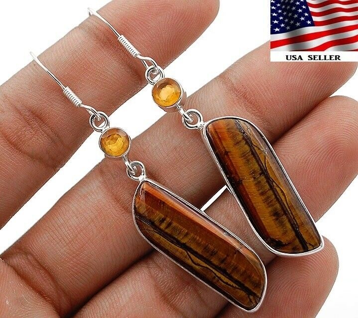 Natural Tiger Eye & Citrine 925 Solid Sterling Silver Earrings Jewelry @18-9