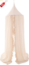 Kids Bed Canopy Lace Chiffon Net Pom Pom Beige Princess Nursery Tent - US