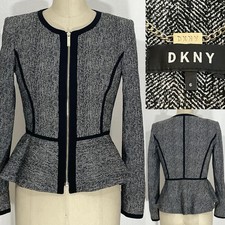 DKNY Donna Karen Size 6 Tweed like stretch jacket with Zip Front and peplum