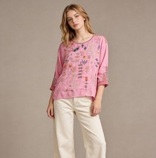 NWOT Johnny Was Biya Embroidered Floral Butterfly Boho Pink Shirt Blouse Sz XL