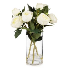 ENOVA FLORAL 9 Heads Silk Rose Artificial Flowers in Vase,Faux Rose Flowers A...