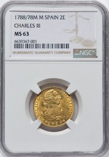 Spain - 1788/78- Carlos III 2 Escudos - NGC MS63 - FINEST TOP POP - ONLY 2 IN MS