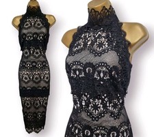 Karen Millen Black Woven Lace High Neck Midi Pencil Occasion Dress UK 10