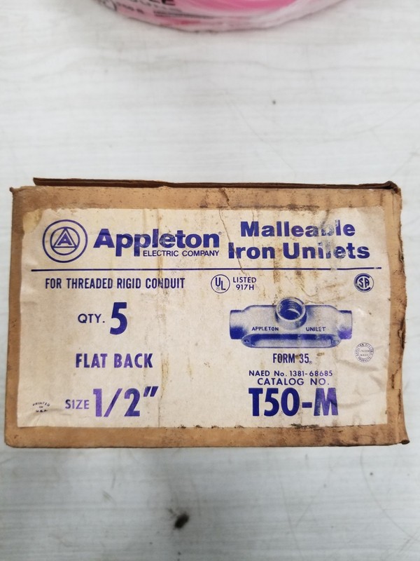 Appleton T-50M Conduit Outlet Body 1/2 Form-35 Malleable Iron 6-Cu-In Qty. 5 New