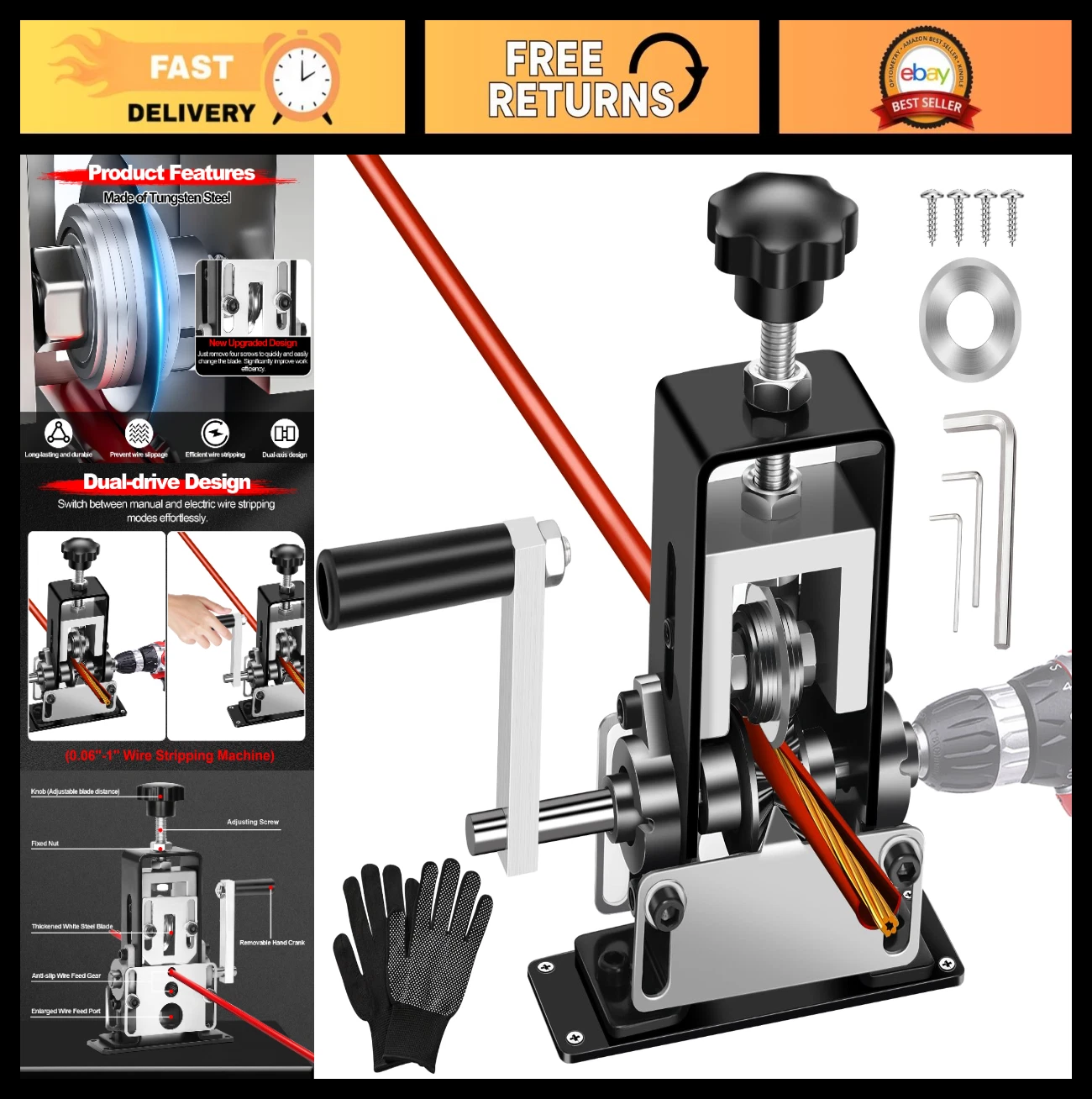 Manual Wire Stripping Machine - Dual-Drive Copper Wire Peeler Tool, 0.06"-1" Gau