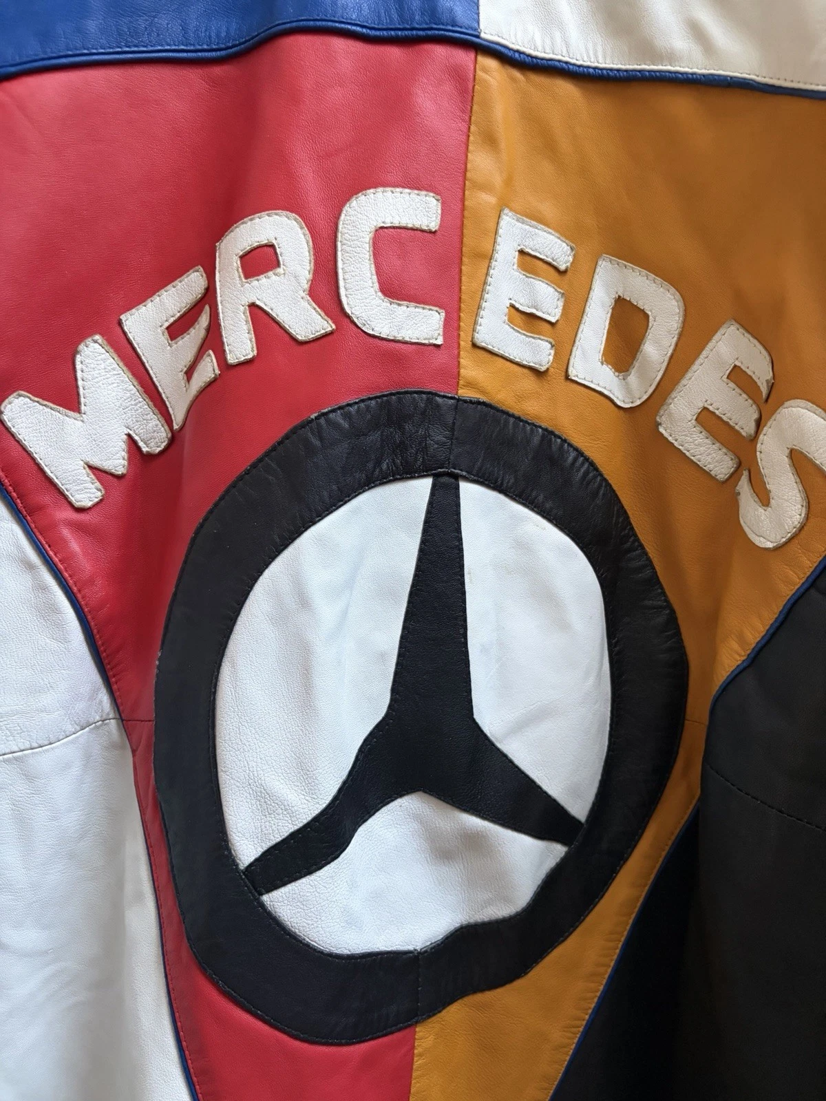 Men’s Leather Multicolor Colorblock Mercedes Logo Full Zip Jacket L image 3