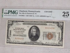 1929 $20 THE NATIONAL BANK OF CHARLEROI, & TC PA NATIONAL CURRENCY CH. #13585 VF