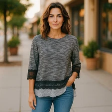 Multiples Womens Tunic Size Large Textured Lace Sweater Black Gray White Mixed