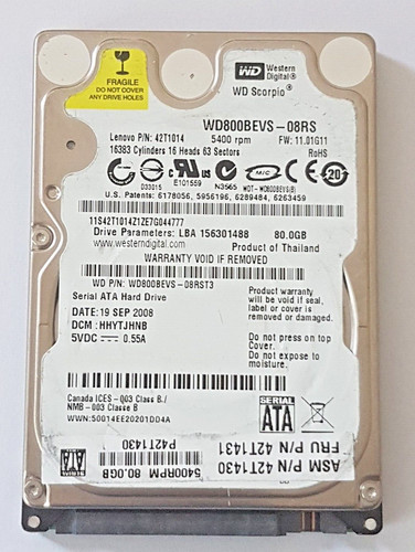 80 GB SATA Western Digital WD800BEVS-08RST3 5400rpm 8MB HDD 2.5" Festplatte