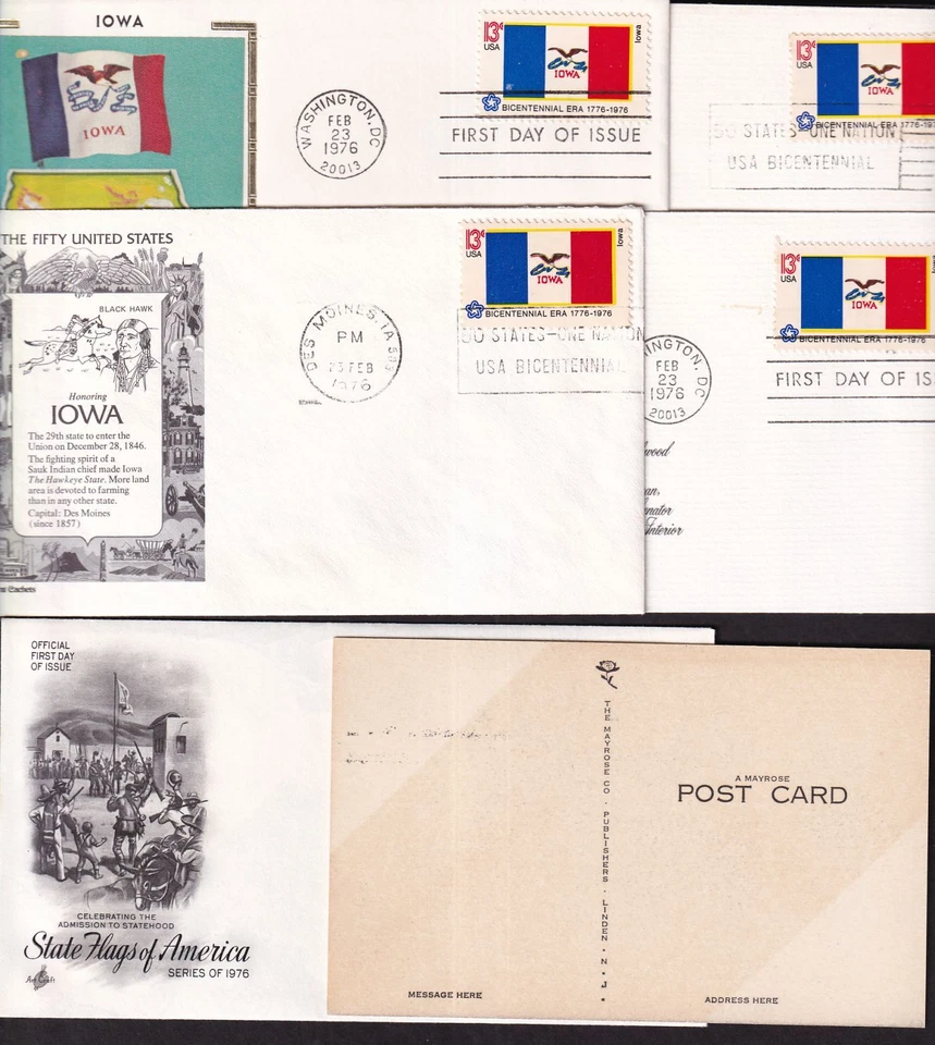 1976 Bicentennial IOWA State Flag Sc 1661 lot of 6 FDCs + Maxi-card lot - Image 2 of 2