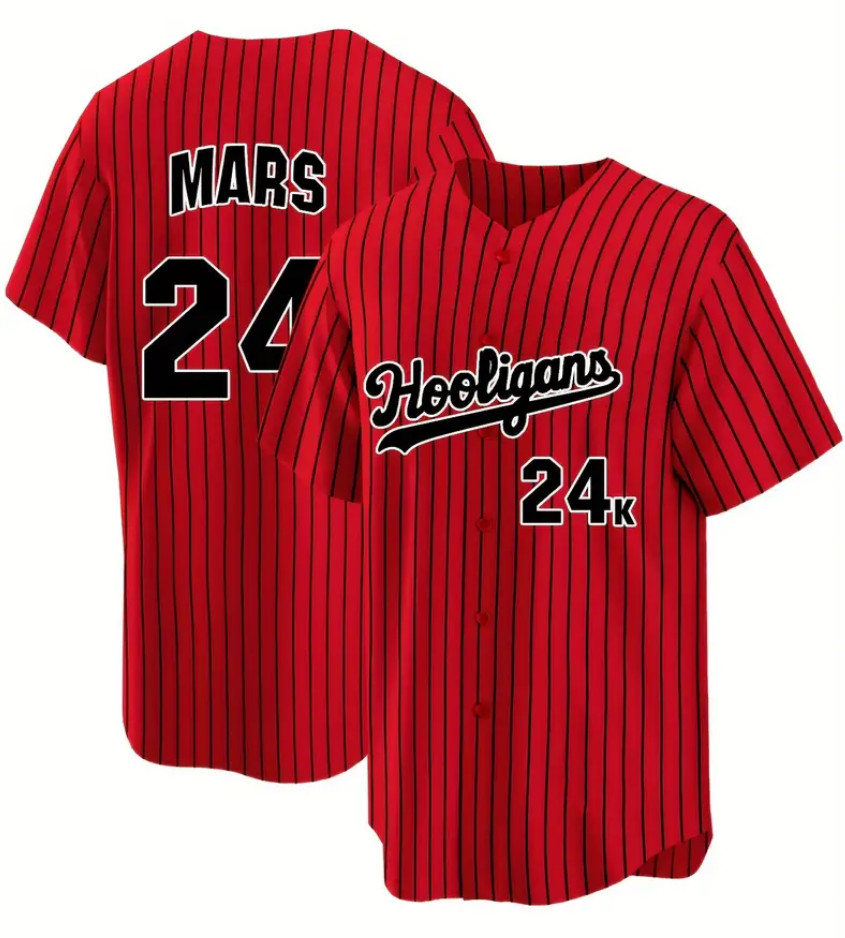 Bruno Mars 24K Hooligans Pinstripe Baseball Jersey Magic Red Men's Size 3XL XXXL