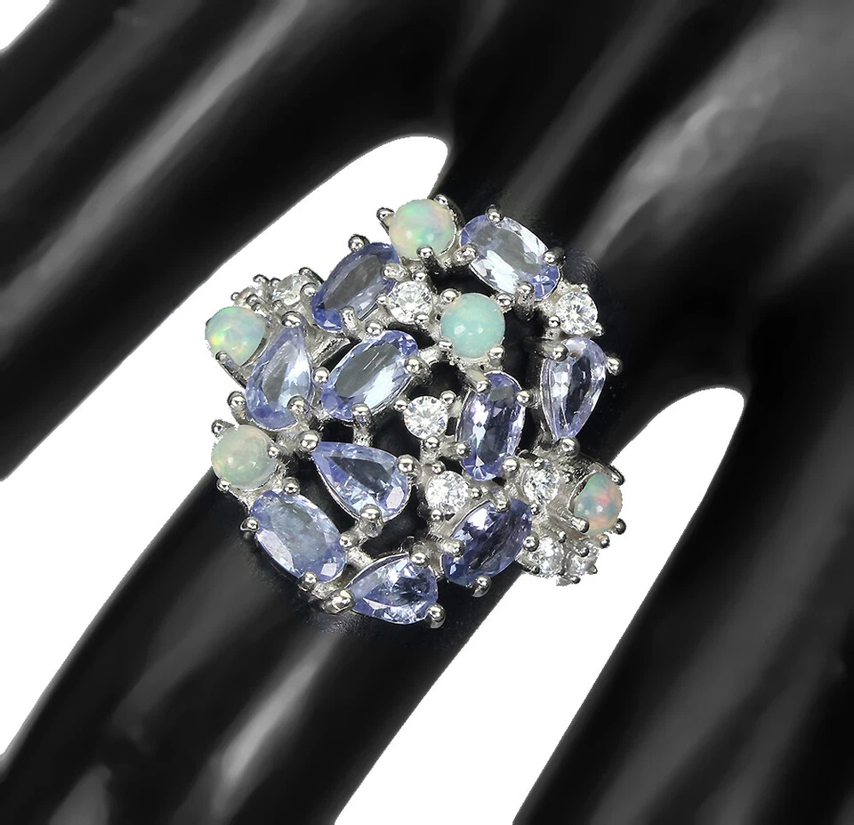925 Anello Argento Sterling Ovale Tanzanite 5x3mm Opale di Fuoco Gemma Gioielli - Immagine 2 di 4
