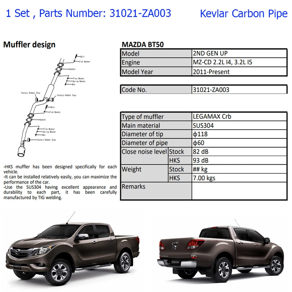 Tubo de escape de acero inoxidable punta de carbono para Mazda Bt-50 Pro 12 13 - 16 17 Performance Foto 3 de 3