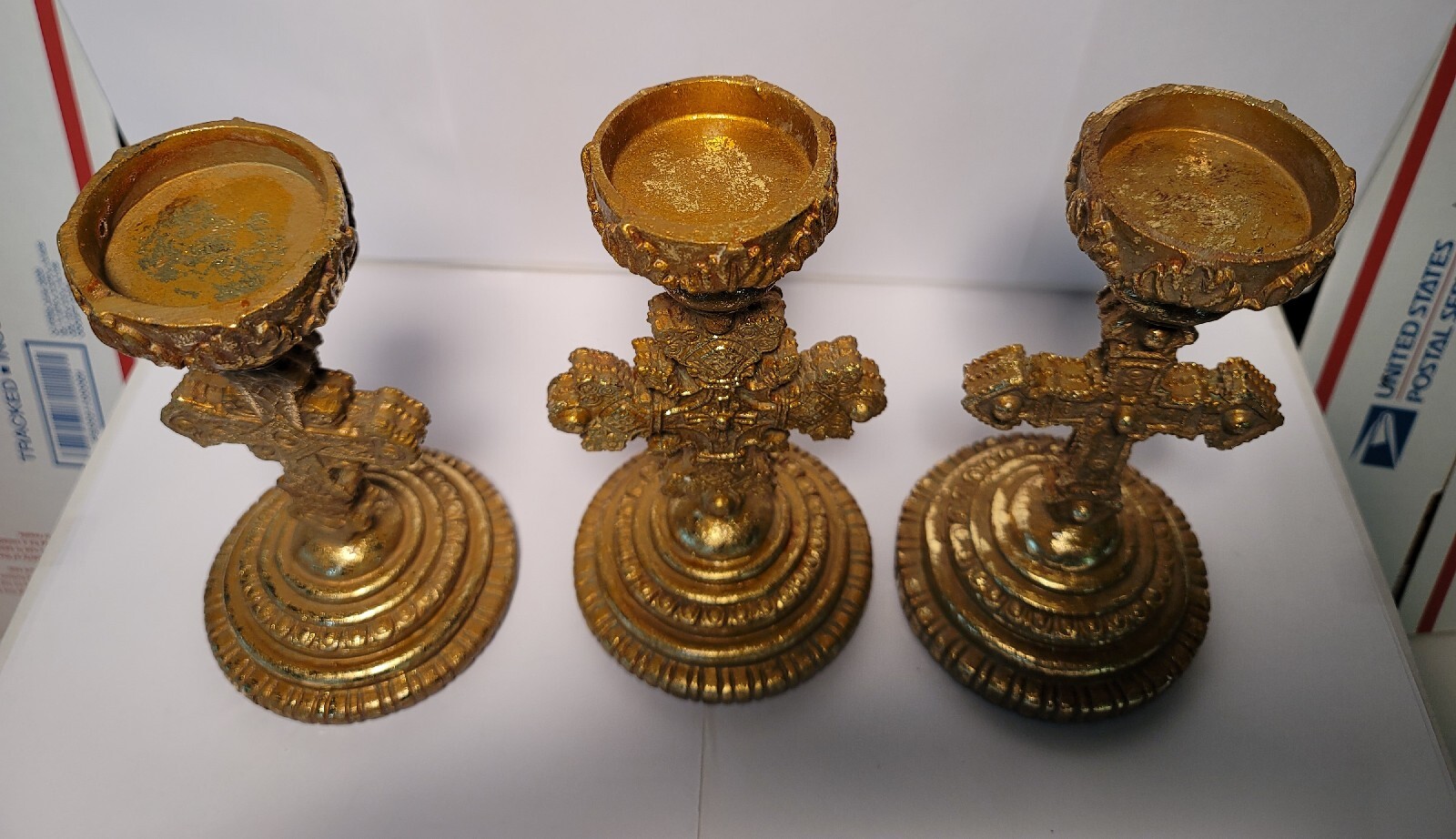 3 BAROQUE Elements Candle Holders. Crosses w Box Christmas. No glass votives!