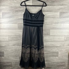 LOFT A-Line Midi Dress Womens 6 Black Sleeveless Pleated Velvet Trim V Neck Zip