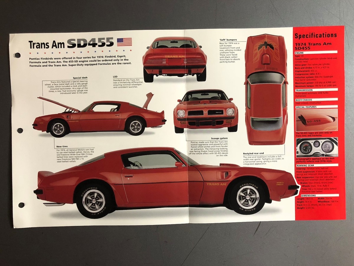 1974 Pontiac Trans Am SD455 Poster, Spec Sheet, Folder, Brochure