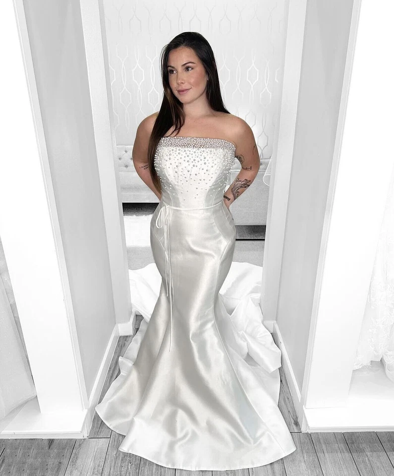 Русалка атласные свадебные платья шикарный без бретелек бисером Sweep поезд свадебные платья - Изображение 2 из 4
