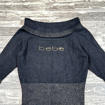 bebe Womens size L Off Shoulder Chenille 3/4 Sleeve Sweater Swarovski Crystals