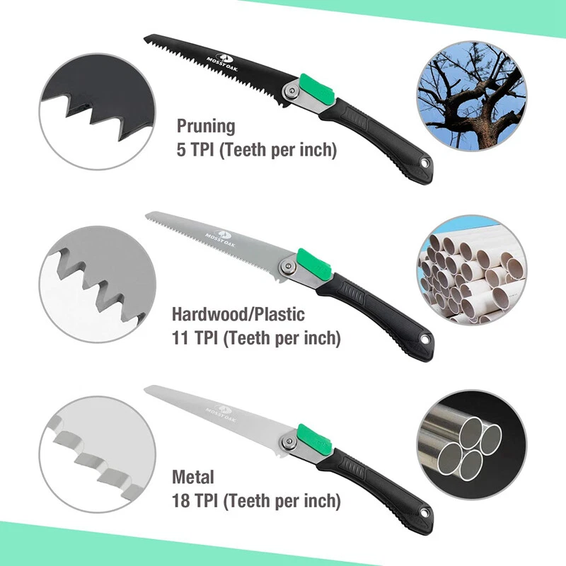 Sierra de mano plegable 3 en 1 roble musgoso podar con hoja de PVC de metal para madera sierra de camping Foto 4 de 4