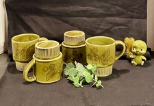 Vintage Butterfly Mug/Cup Set Japan Stackable *Avocado Olive Green* MCM Kitsch