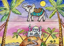 ACEO original hand painting 🔍unique elephant palm trees castle sunrise 🌅