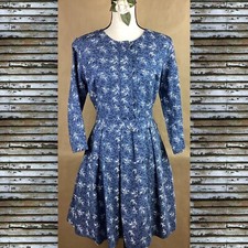 Gap Designed Crafted Women’s Linen Blend Blue Leaf Dress A-Line Pleated Size 8