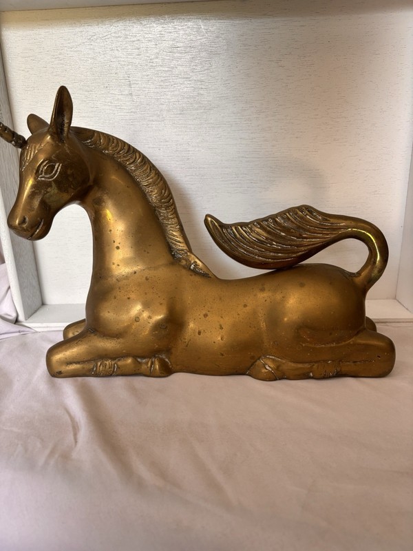 Vintage Brass Unicorn Figurine Lying Korea Mythical Statue
