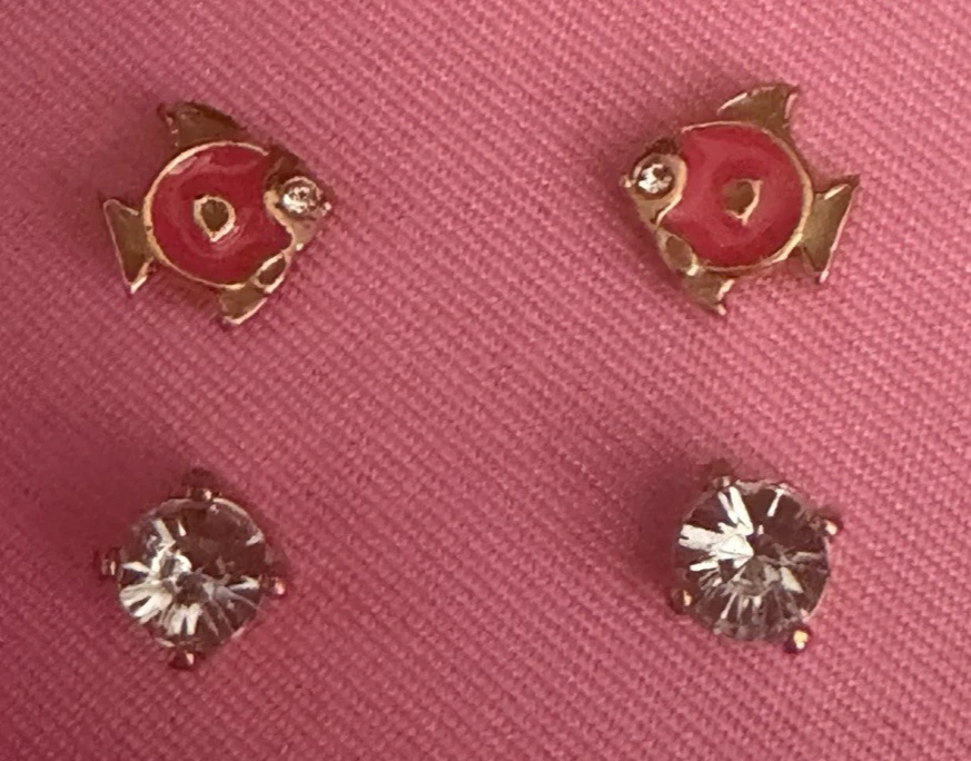 Juicy Couture Set of 2 Orange Fish/Crystal Solitaire Earrings Stud Golden NIB - Image 2 of 4