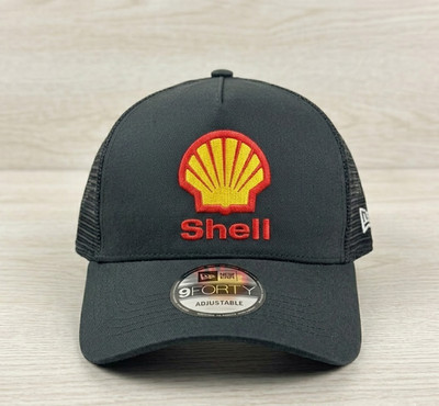Shell Oil Gas Logo Embroidered Hat Black 5 Panel Mesh Trucker Cap Adjustable