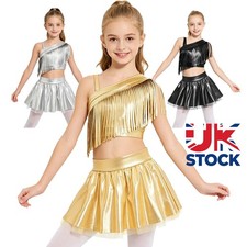 Kids Girls Jazz Dance Metallic Tassels Crop Top withShiny Tutu Skirt Ballroom