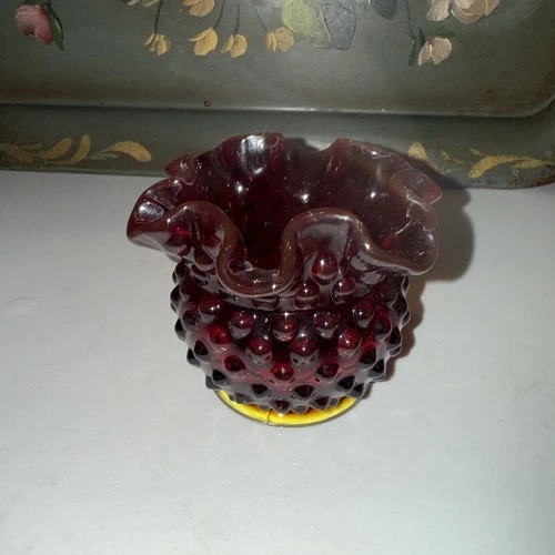 Vintage Fenton Art Glass Amberina Ruby Red Hobnail Ruffled Crimped 3" Vase