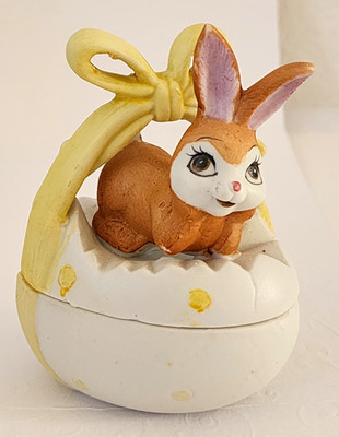 Lego Ceramic Easter Rabbit Egg Trinket Box w/ Lid Polka Dot White Yellow