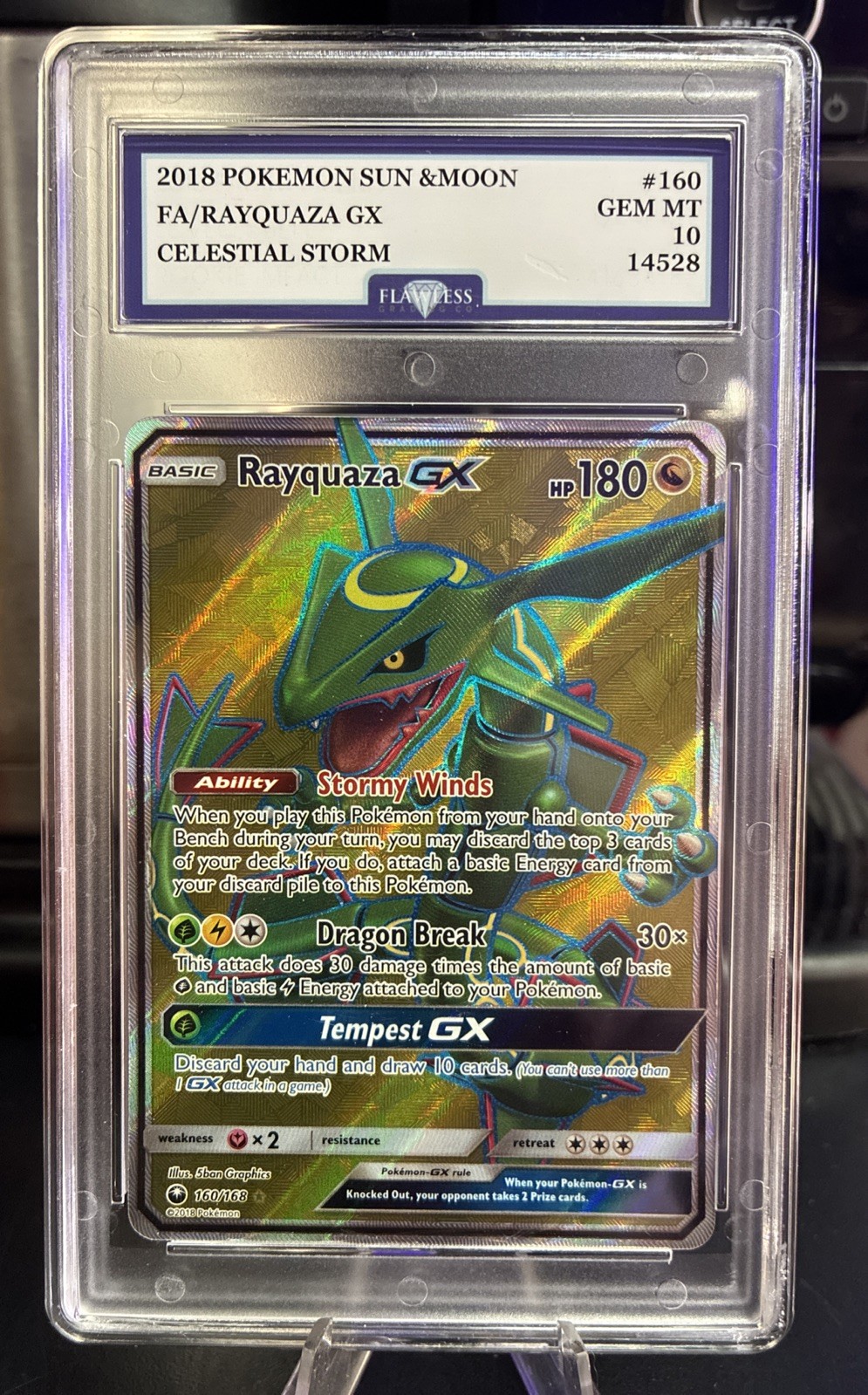 2018 POKEMON SUN & MOON CELESTIAL STORM #160 FULL ART/RAYQUAZA GX GRADED 10