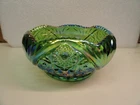 VTG L.E. Smith Hobstar Daisy Iridescent Green Carnival Glass Bowl Sawtooth