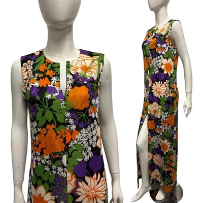 Vintage 60's 70's Robe Maxi 12 14 Lumineux Floral Hippie Boho Rétro Vrai - Photo 1/4