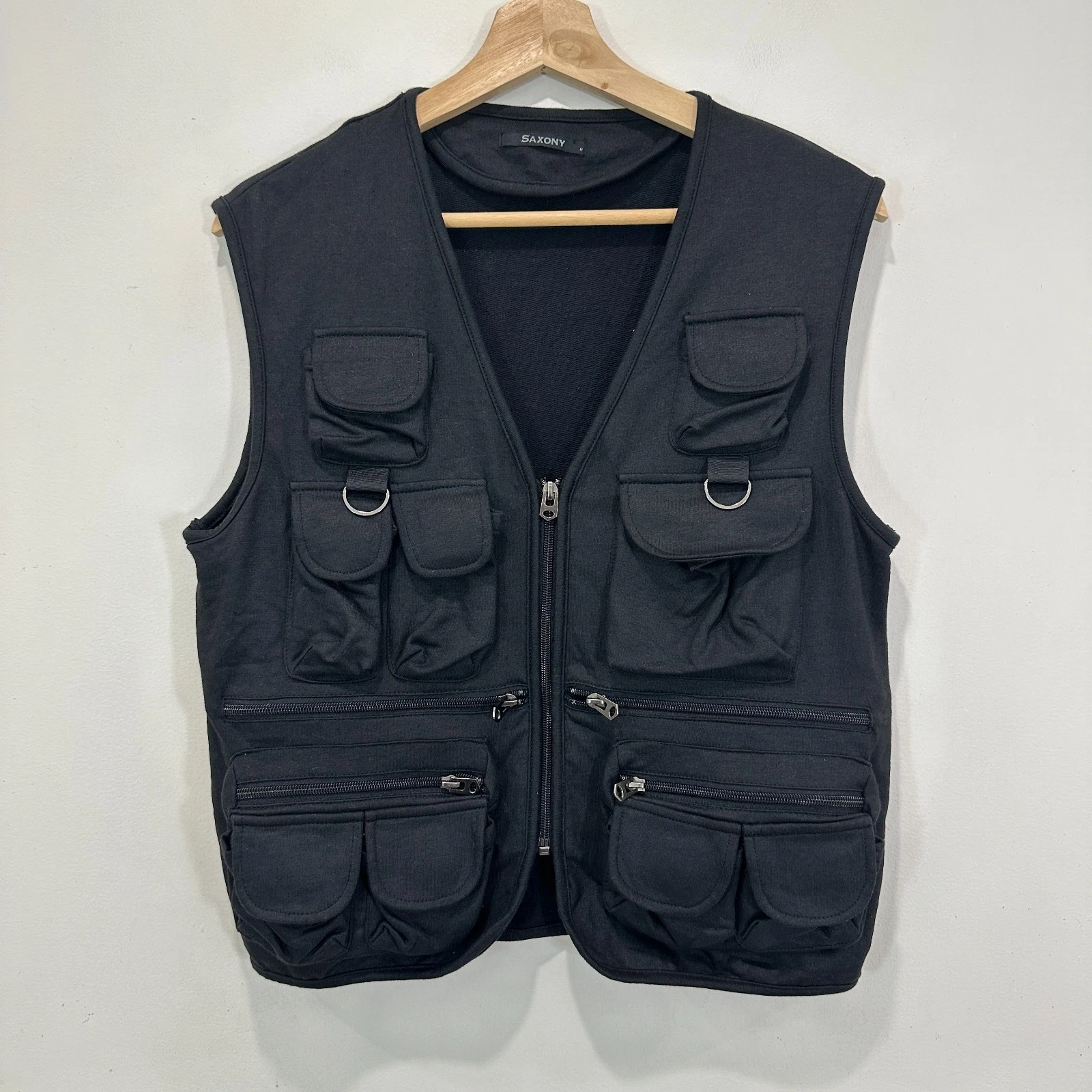 Saxony Utility Vest Men M Black Full Zip Multi Pockets Fishing Photography