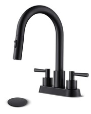 Bathroom Sink Faucet with Pull Out Sprayer 2 Handles, Matte Black Pull Down B...