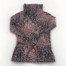 VTG 70s Knit Turtleneck Geometric Print Belted Blouse by Pretty Polyester Sz S/M